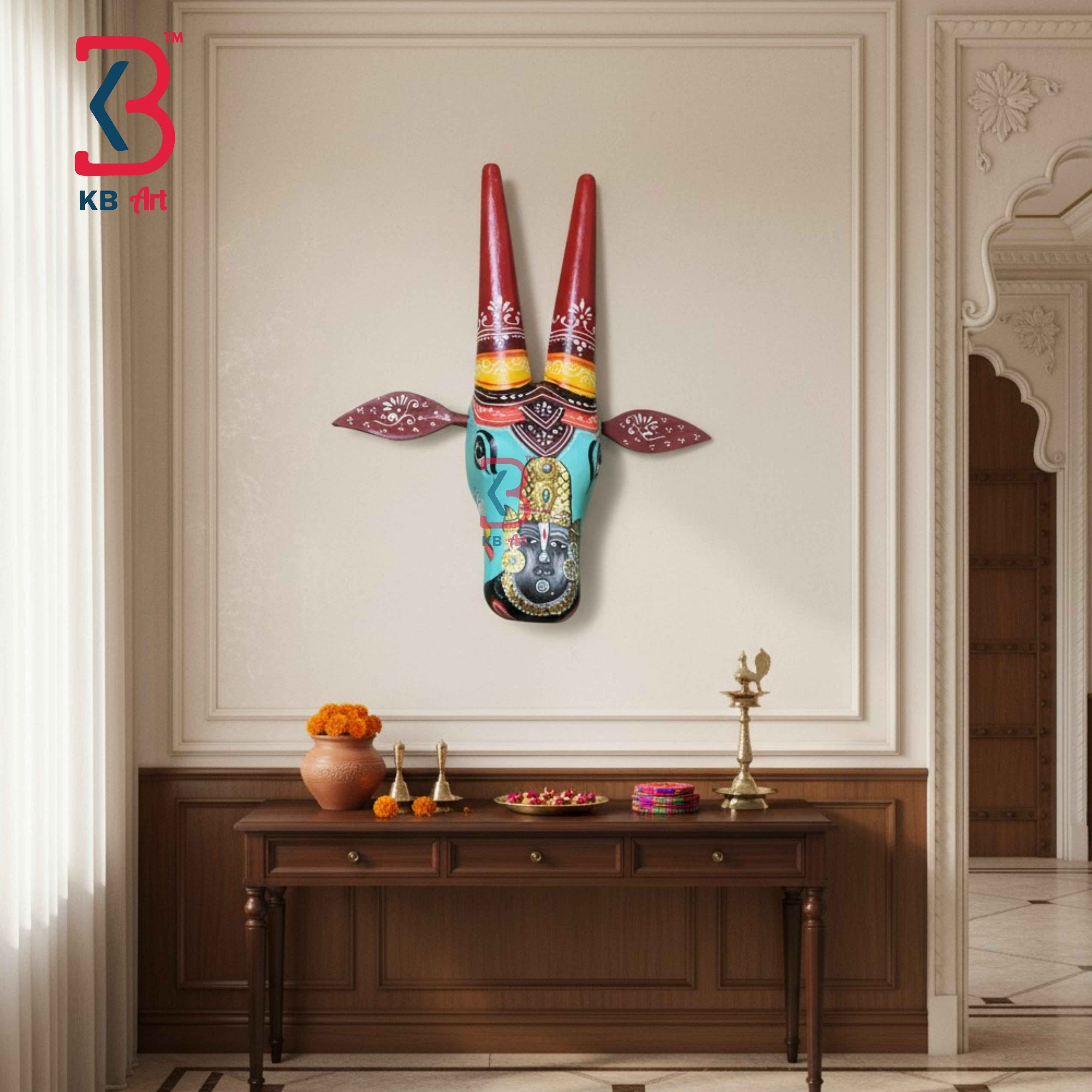KB ART 16 Inch Handcrafted Wooden Cow Head Wall Hanging Teal Shrinathji Hand Painted Sacred Kamdhenu Wall Sculpture