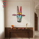 KB ART 16 Inch Handcrafted Wooden Cow Head Wall Hanging Teal Shrinathji Hand Painted Sacred Kamdhenu Wall Sculpture