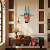 KB ART 16 Inch Handcrafted Wooden Cow Head Wall Hanging Coral Red Blue Horns Sacred Kamdhenu Wall Sculpture