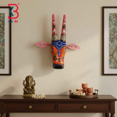 KB ART 16 Inch Handcrafted Wooden Cow Head Wall Hanging Terracotta Orange Pink Lotus Horns Sacred Kamdhenu Wall Sculpture