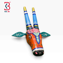 KB ART 16 Inch Handcrafted Wooden Cow Head Wall Hanging Saffron Blue Banded Horns Sacred Kamdhenu Wall Sculpture