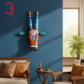 KB ART 16 Inch Handcrafted Wooden Cow Head Wall Hanging Saffron Blue Banded Horns Sacred Kamdhenu Wall Sculpture