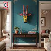 KB ART 16 Inch Handcrafted Wooden Cow Head Wall Hanging Mustard Yellow Red Lotus Horns Sacred Kamdhenu Wall Sculpture