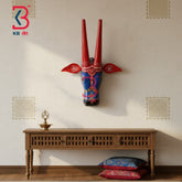 16 Inch Handcrafted Wooden Cow Head Wall Hanging Royal Blue Crimson Horns Sacred Kamdhenu Wall Sculpture | Handcrafted by KB ART, Jodhpur