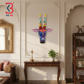 16 Inch Handcrafted Wooden Cow Head Wall Hanging Royal Blue Yellow Lotus Horns Sacred Kamdhenu Wall Sculpture | Handcrafted by KB ART, Jodhpur