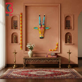 KB ART 16 Inch Handcrafted Wooden Cow Head Wall Hanging Mustard Yellow Cyan Horns Sacred Kamdhenu Wall Sculpture