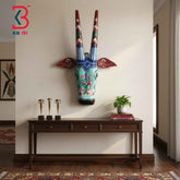 KB ART 16 Inch Handcrafted Wooden Cow Head Wall Hanging Seafoam Mint Crimson Lotus Horns Sacred Kamdhenu Wall Sculpture