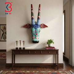 KB ART 16 Inch Handcrafted Wooden Cow Head Wall Hanging Seafoam Mint Crimson Lotus Horns Sacred Kamdhenu Wall Sculpture