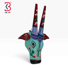 KB ART 16 Inch Handcrafted Wooden Cow Head Wall Hanging Seafoam Mint Crimson Lotus Horns Sacred Kamdhenu Wall Sculpture