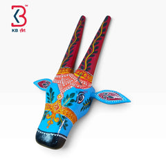 KB ART 16 Inch Handcrafted Wooden Cow Head Wall Hanging Sky Blue Crimson Horns Sacred Kamdhenu Wall Sculpture