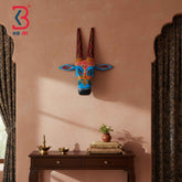 KB ART 16 Inch Handcrafted Wooden Cow Head Wall Hanging Sky Blue Crimson Horns Sacred Kamdhenu Wall Sculpture