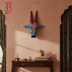 KB ART 16 Inch Handcrafted Wooden Cow Head Wall Hanging Sky Blue Crimson Horns Sacred Kamdhenu Wall Sculpture
