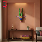 16 Inch Handcrafted Wooden Cow Head Wall Hanging Royal Blue Green Horns Sacred Kamdhenu Wall Sculpture | Handcrafted by KB ART, Jodhpur