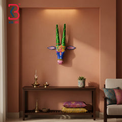 16 Inch Handcrafted Wooden Cow Head Wall Hanging Royal Blue Green Horns Sacred Kamdhenu Wall Sculpture | Handcrafted by KB ART, Jodhpur