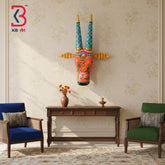 16 Inch Handcrafted Wooden Cow Head Wall Hanging Saffron Orange Blue Horns Sacred Kamdhenu Wall Sculpture | Handcrafted by KB ART, Jodhpur