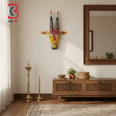 KB ART 16 Inch Handcrafted Wooden Cow Head Wall Hanging Mustard Yellow Dancing Peacocks Sacred Kamdhenu Wall Sculpture