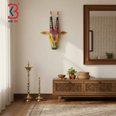 KB ART 16 Inch Handcrafted Wooden Cow Head Wall Hanging Mustard Yellow Dancing Peacocks Sacred Kamdhenu Wall Sculpture