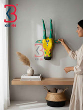 KB ART 16 Inch Handcrafted Wooden Cow Head Wall Hanging Mustard Yellow Emerald Lotus Horns Sacred Kamdhenu Wall Sculpture