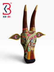 KB ART 16 Inch Handcrafted Wooden Cow Head Wall Hanging Radha Krishna Miniature Painting Sacred Kamdhenu Wall Sculpture