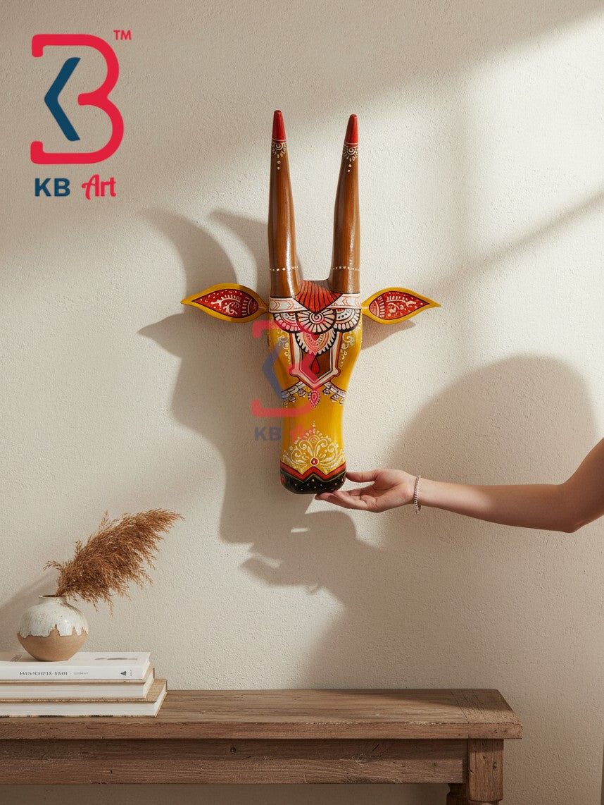16 Inch Handcrafted Wooden Cow Head Wall Hanging Ochre Yellow Brown Horns Sacred Kamdhenu Wall Sculpture | Handcrafted by KB ART, Jodhpur