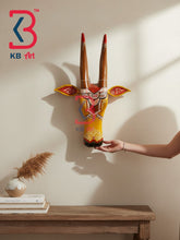 16 Inch Handcrafted Wooden Cow Head Wall Hanging Ochre Yellow Brown Horns Sacred Kamdhenu Wall Sculpture | Handcrafted by KB ART, Jodhpur