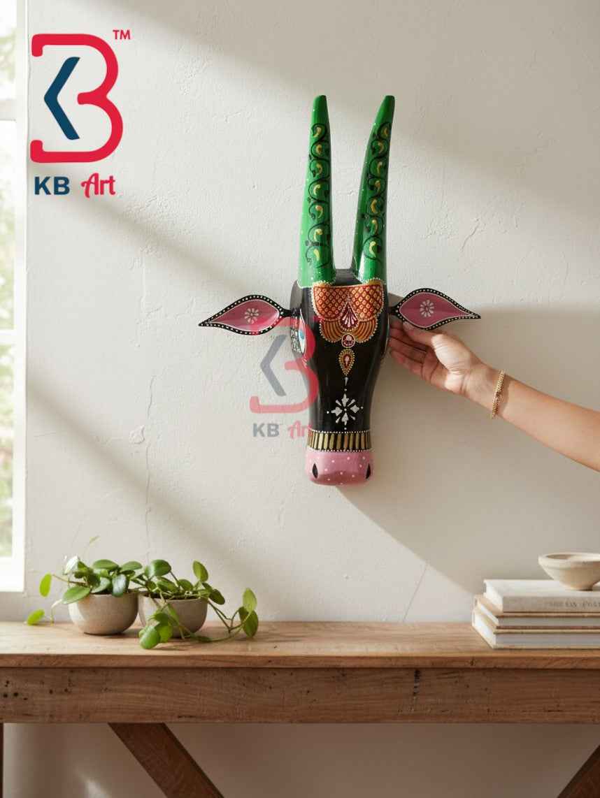 KB ART 16 Inch Handcrafted Wooden Cow Head Wall Hanging Midnight Black Green Horns Sacred Kamdhenu Wall Sculpture