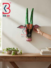 KB ART 16 Inch Handcrafted Wooden Cow Head Wall Hanging Midnight Black Green Horns Sacred Kamdhenu Wall Sculpture