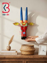KB ART 16 Inch Handcrafted Wooden Cow Head Wall Hanging Crimson Red Blue Polka Horns Sacred Kamdhenu Wall Sculpture