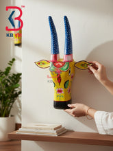 16 Inch Handcrafted Wooden Cow Head Wall Hanging Mustard Yellow Blue Polka Horns Sacred Kamdhenu Wall Sculpture | Handcrafted by KB ART, Jodhpur