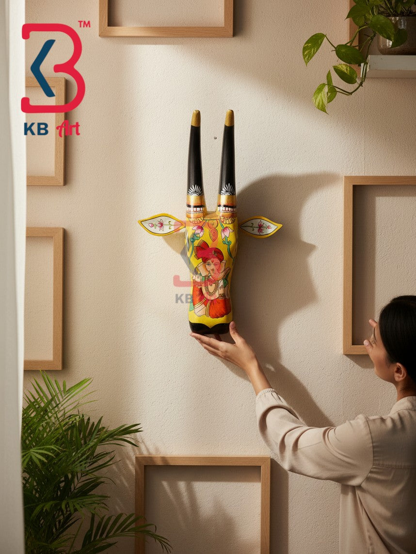 16 Inch Handcrafted Wooden Cow Head Wall Hanging Mustard Yellow Ganesha Miniature Sacred Kamdhenu Wall Sculpture | Handcrafted by KB ART, Jodhpur