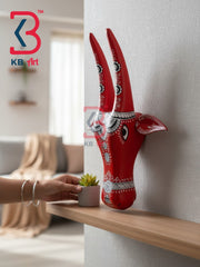 16 Inch Handcrafted Wooden Cow Head Wall Hanging Crimson Red Monochrome Mandala Sacred Kamdhenu Wall Sculpture | Handcrafted by KB ART, Jodhpur