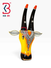 KB ART 16 Inch Handcrafted Wooden Cow Head Wall Hanging Mustard Yellow Black Horns Sacred Kamdhenu Wall Sculpture