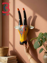 KB ART 16 Inch Handcrafted Wooden Cow Head Wall Hanging Mustard Yellow Black Horns Sacred Kamdhenu Wall Sculpture