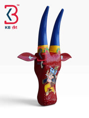 KB ART 16 Inch Handcrafted Wooden Cow Head Wall Hanging Maroon Red Blue Horns Dancing Ganesha Sacred Wall Sculpture