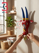 KB ART 16 Inch Handcrafted Wooden Cow Head Wall Hanging Maroon Red Blue Horns Dancing Ganesha Sacred Wall Sculpture