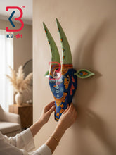 16 Inch Handcrafted Wooden Cow Head Wall Hanging Royal Blue Lord Krishna Swaroop Sacred Wall Sculpture | Handcrafted by KB ART, Jodhpur