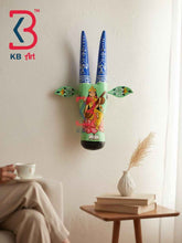 KB ART 16 Inch Handcrafted Wooden Cow Head Wall Hanging Mint Green Goddess Saraswati Sacred Kamdhenu Wall Sculpture