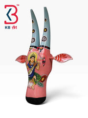 KB ART 16 Inch Handcrafted Wooden Cow Head Wall Hanging Baby Pink Goddess Saraswati Veena Sacred Wall Sculpture