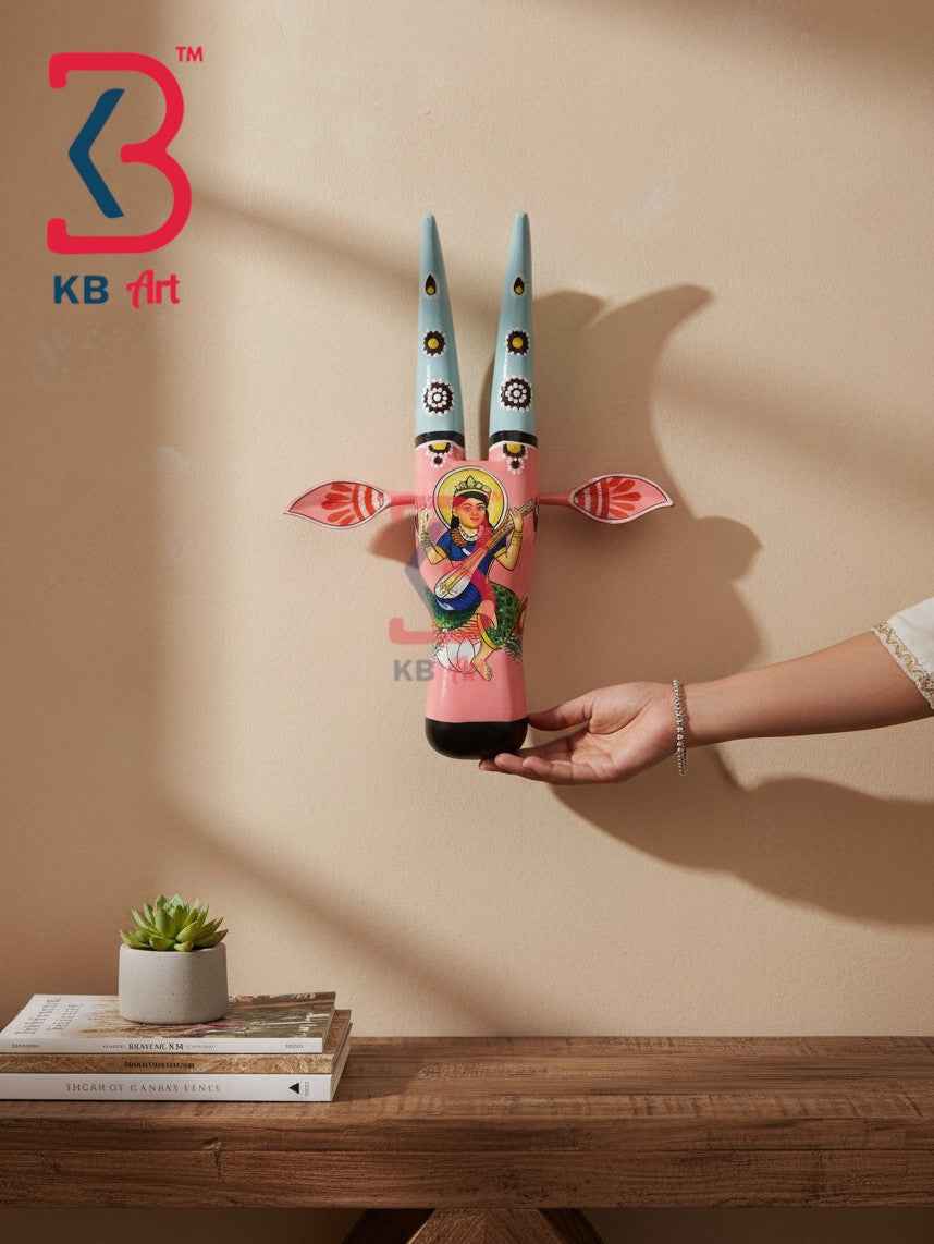 KB ART 16 Inch Handcrafted Wooden Cow Head Wall Hanging Baby Pink Goddess Saraswati Veena Sacred Wall Sculpture