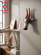 KB ART 16 Inch Handcrafted Wooden Cow Head Wall Hanging Charcoal Grey Goddess Durga Lion Sacred Wall Sculpture