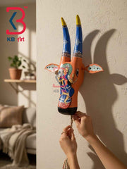 KB ART 16 Inch Handcrafted Wooden Cow Head Wall Hanging Terracotta Goddess Durga Shakti Sacred Wall Sculpture