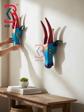 16 Inch Handcrafted Wooden Cow Head Wall Hanging Sky Blue Crimson Horns Sacred Om Kamdhenu Wall Sculpture | Handcrafted by KB ART, Jodhpur