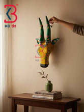 KB ART 16 Inch Handcrafted Wooden Cow Head Wall Hanging Mustard Yellow Emerald Wildflower Horns Sacred Wall Sculpture