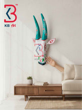 KB ART 16 Inch Handcrafted Wooden Cow Head Wall Hanging Antique White Teal Lotus Horns Sacred Kamdhenu Wall Sculpture