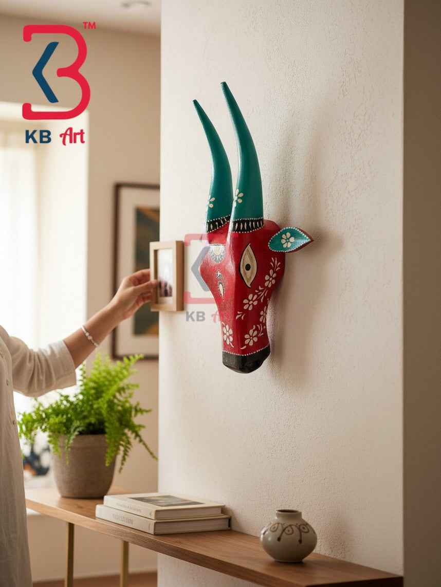 KB ART 16 Inch Handcrafted Wooden Cow Head Wall Hanging Crimson Red Teal Floral Horns Sacred Kamdhenu Wall Sculpture