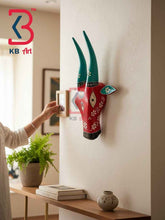 KB ART 16 Inch Handcrafted Wooden Cow Head Wall Hanging Crimson Red Teal Floral Horns Sacred Kamdhenu Wall Sculpture