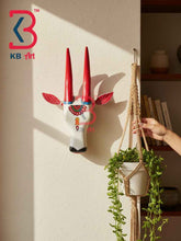 KB ART 16 Inch Handcrafted Wooden Cow Head Wall Hanging Pristine White Crimson Horns Sacred Kamdhenu Wall Sculpture