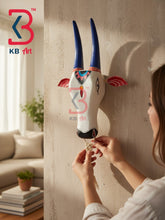 16 Inch Handcrafted Wooden Cow Head Wall Hanging White Cobalt Horns Scalloped Tilak Sacred Wall Sculpture | Handcrafted by KB ART, Jodhpur