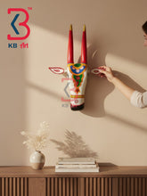 16 Inch Handcrafted Wooden Cow Head Wall Hanging Antique White Crimson Horns Sacred Kamdhenu Wall Sculpture | Handcrafted by KB ART, Jodhpur