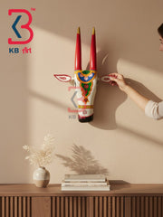 16 Inch Handcrafted Wooden Cow Head Wall Hanging Antique White Crimson Horns Sacred Kamdhenu Wall Sculpture | Handcrafted by KB ART, Jodhpur